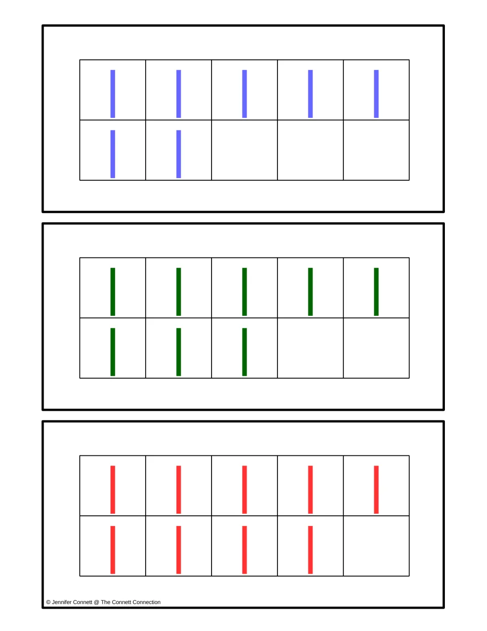 Counting center quantity cards 7–9, showing seven, eight, and nine lowercase l letters in ten frames