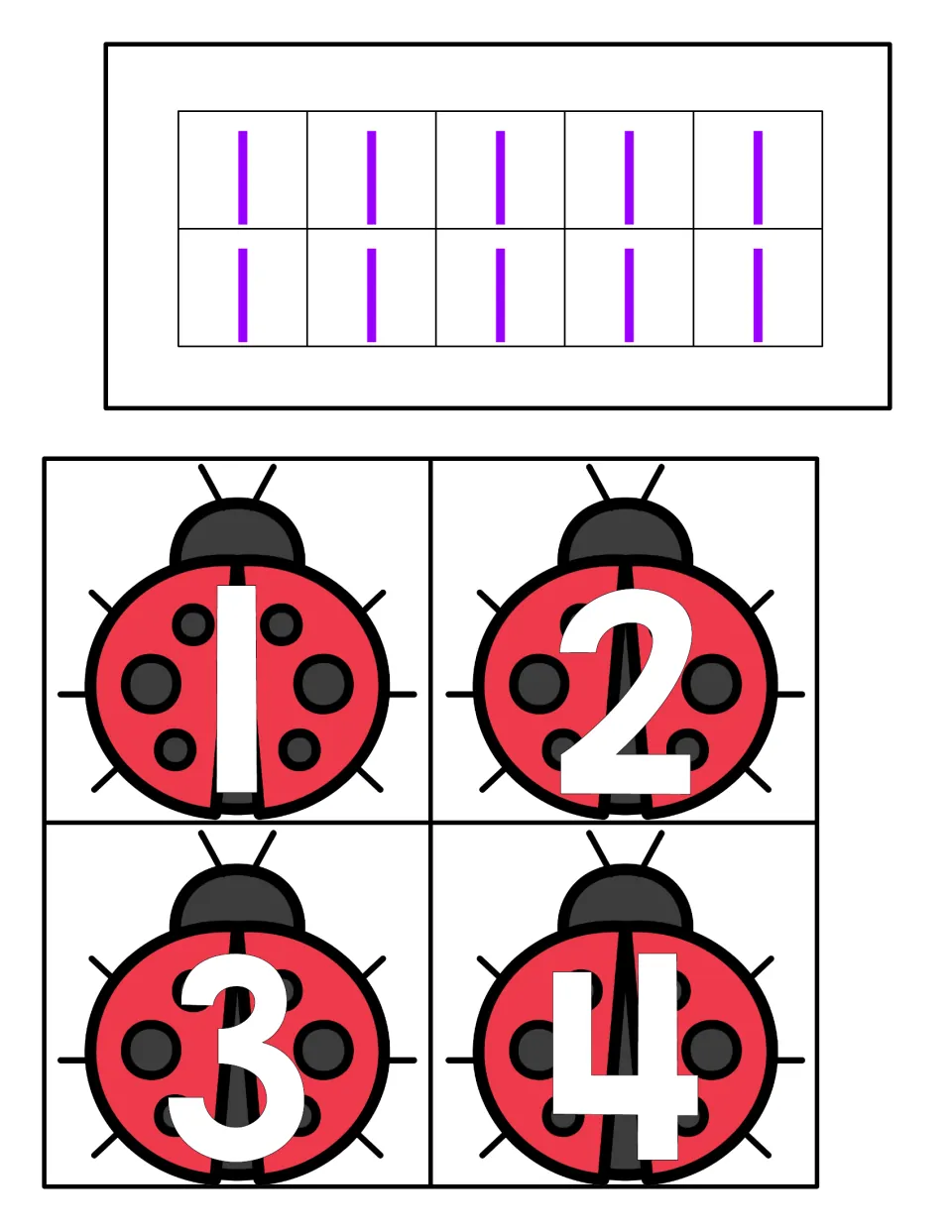 Counting center quantity card 10, showing ten lowercase l letters, and ladybug numeral cards 1–4