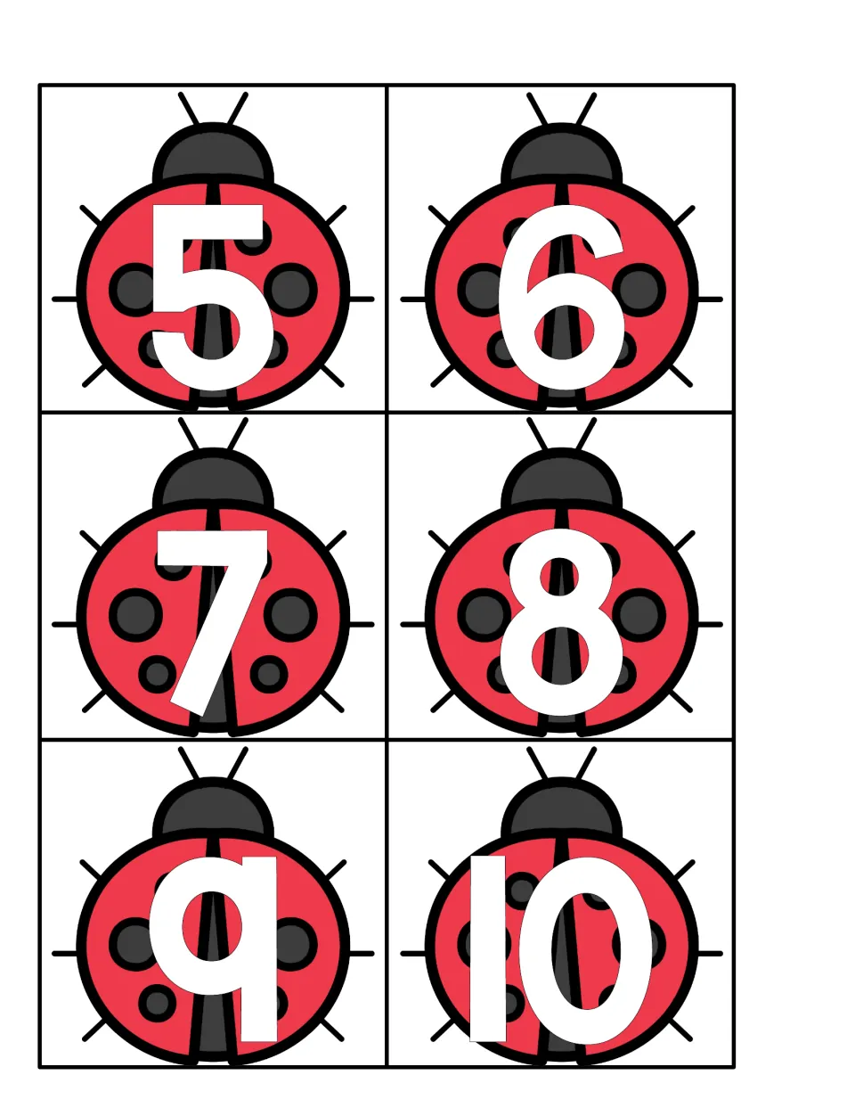 Counting center ladybug numeral cards 5, 6, 7, 8, 9, and 10 for matching to lowercase-l quantity cards
