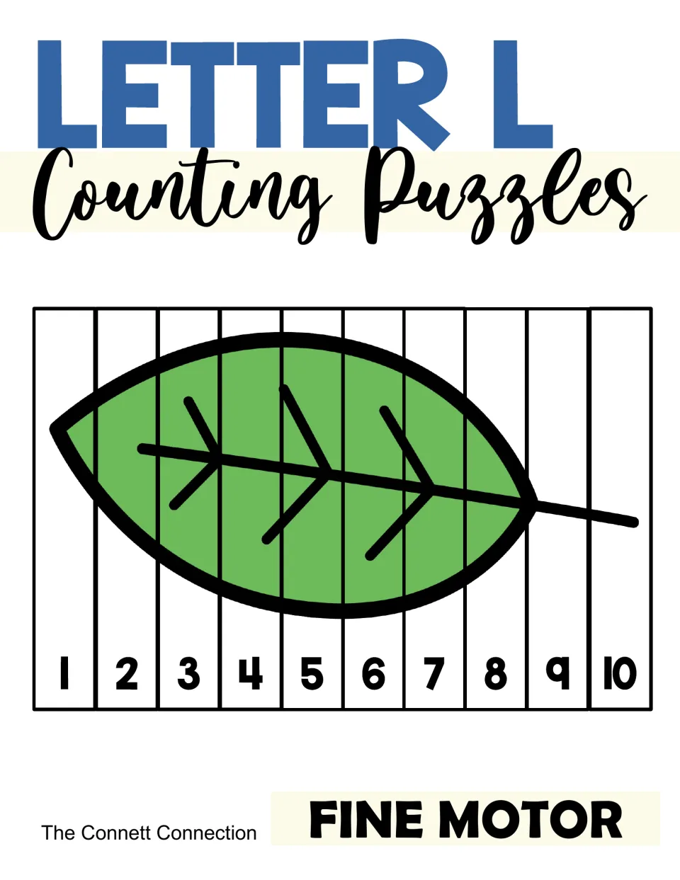 Letter L Counting Puzzles cover: a green leaf picture cut into 10 strips numbered 1 to 10, labeled Fine Motor