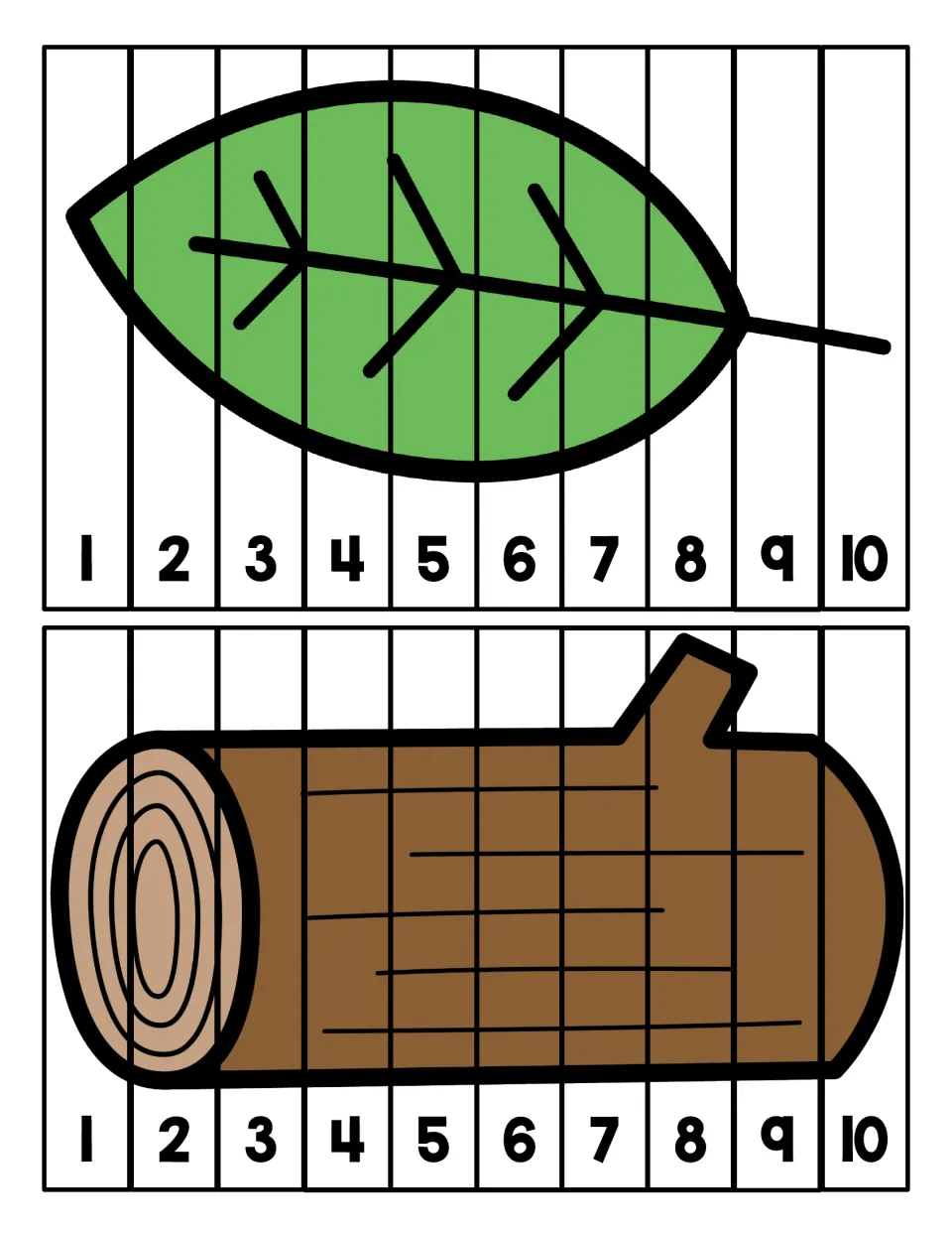 Counting to 10 strip puzzles: students cut apart a leaf and a log picture, then order strips 1 to 10 to rebuild each one