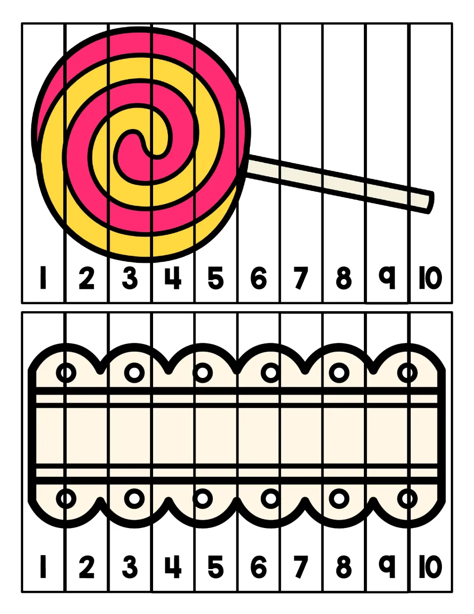Number order puzzles: children put strips numbered 1 to 10 in sequence to rebuild a swirl lollipop and a lace picture