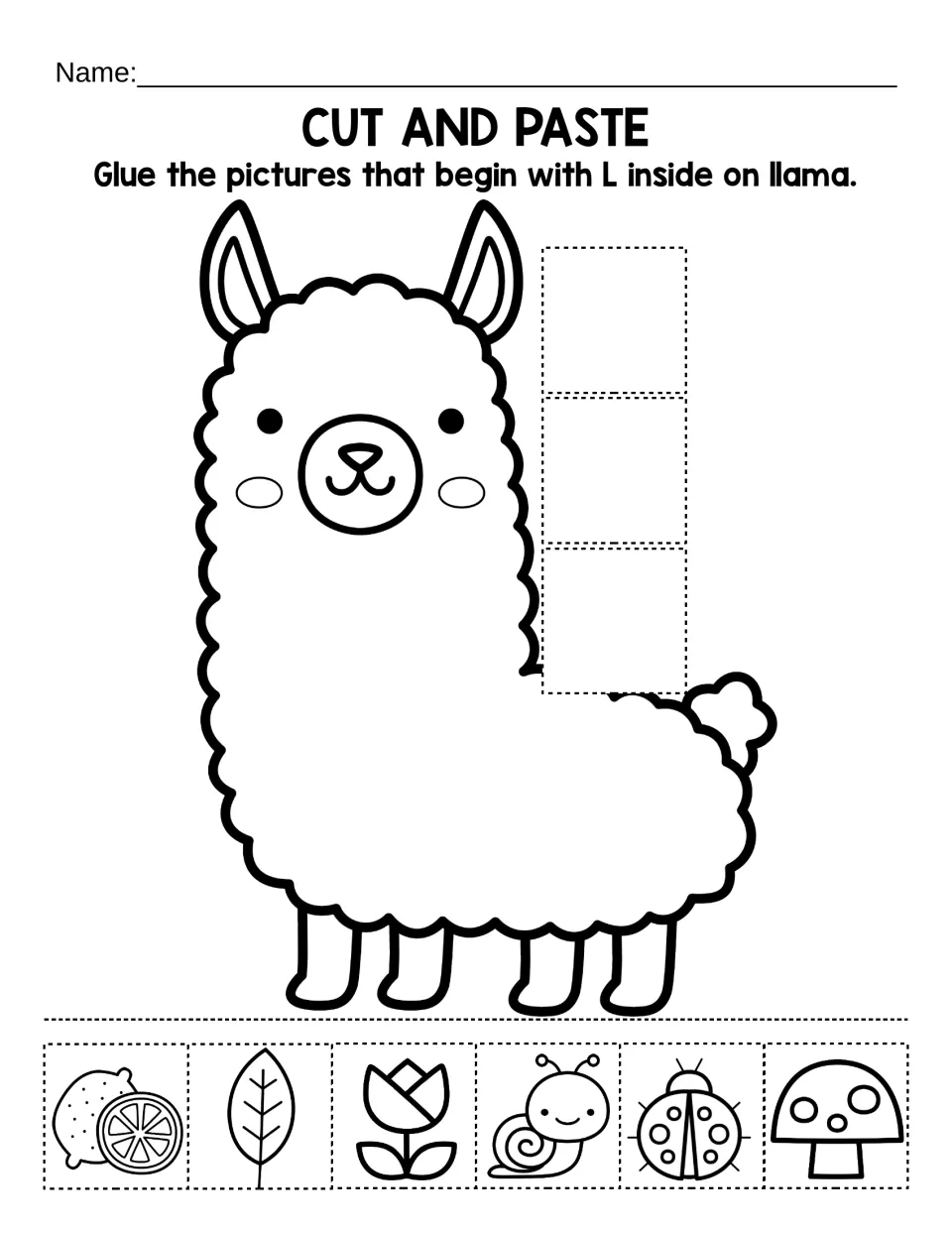 Letter L sound cut and paste: students glue pictures that begin with L, such as lemon, leaf and ladybug, onto a llama