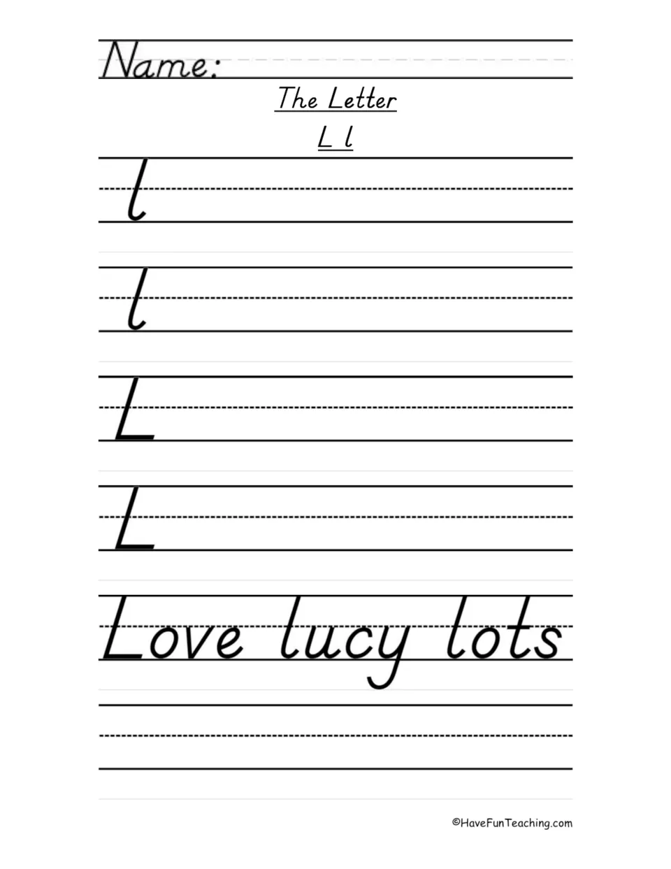 Letter L handwriting practice sheet in D'Nealian style with uppercase L, lowercase l, and 'Love lucy lots'.