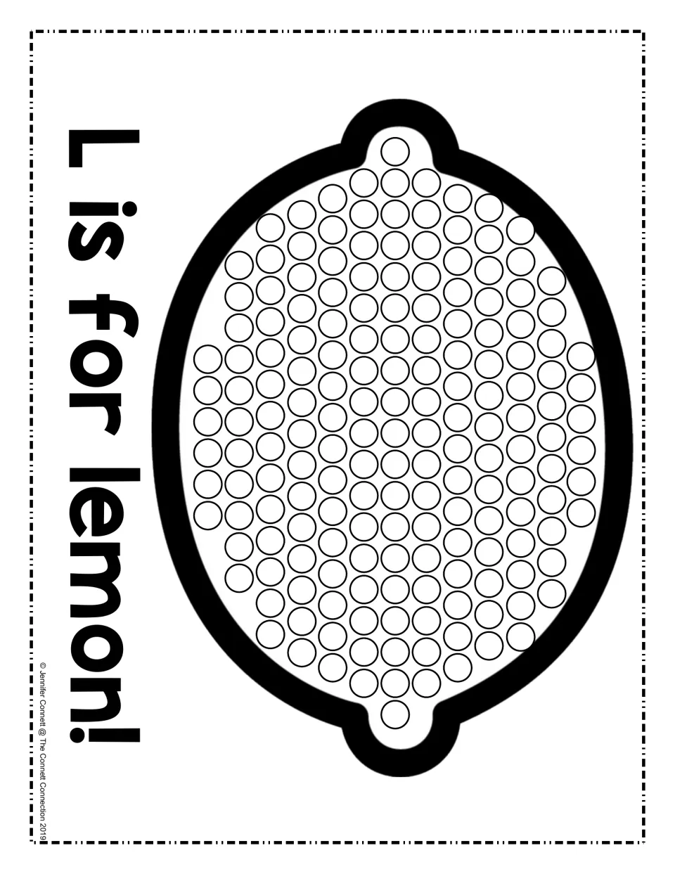 L is for lemon: children fill every empty circle inside a big lemon shape with paint dots, linking L to its sound