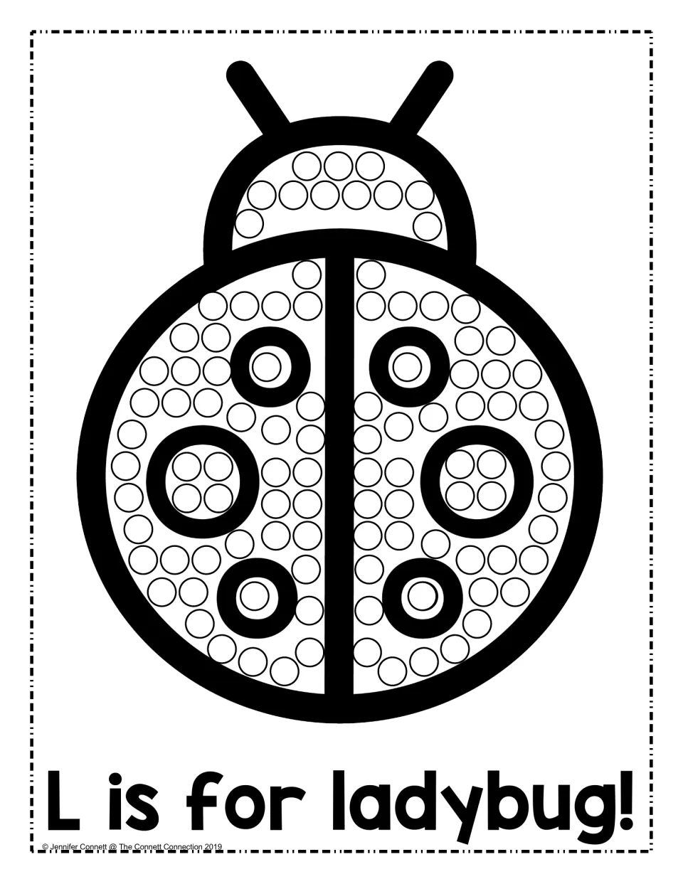 L is for ladybug: students dot-paint the circles on a ladybug's head and wings, connecting the letter L to ladybug