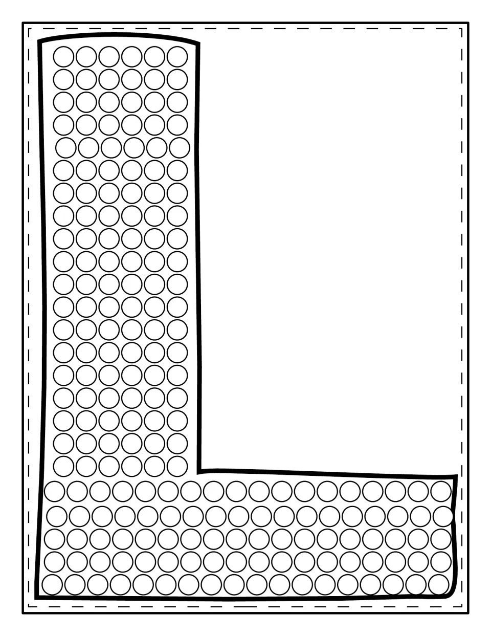 Uppercase L dot painting: a full-page capital L filled with rows of circles for children to dab while tracing its shape