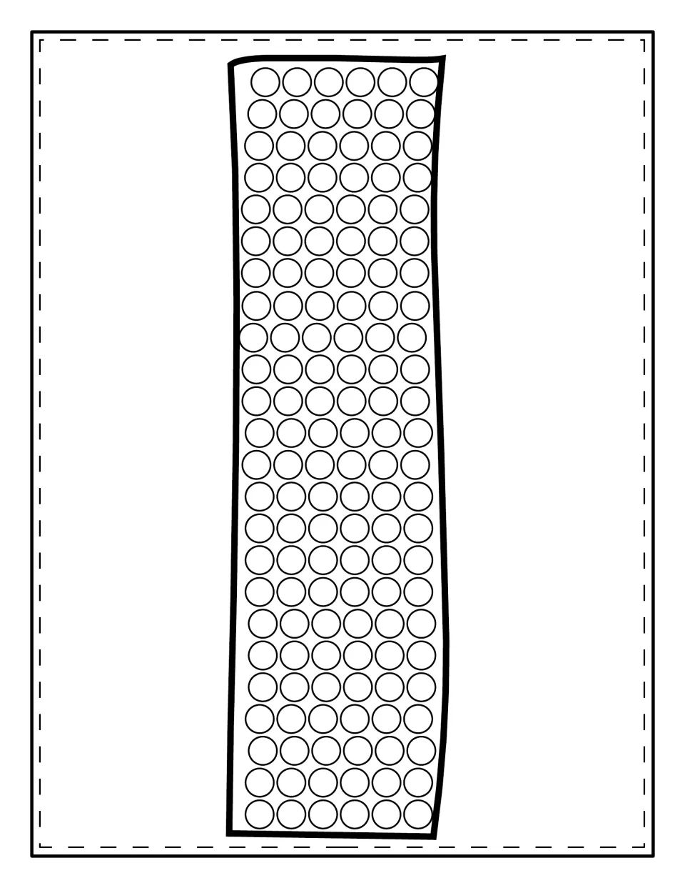 Lowercase l dot painting: a tall single-stroke letter l filled with circles that students dab one by one, top to bottom
