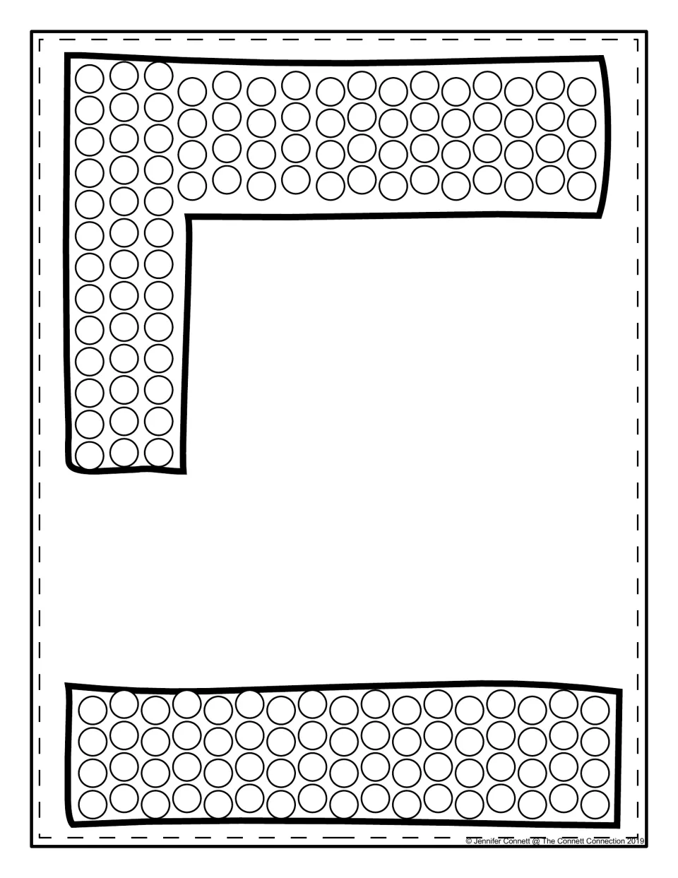 Dot painting shapes: two circle-filled pieces, an upside-down L-shaped corner and a long horizontal bar, ready to dab