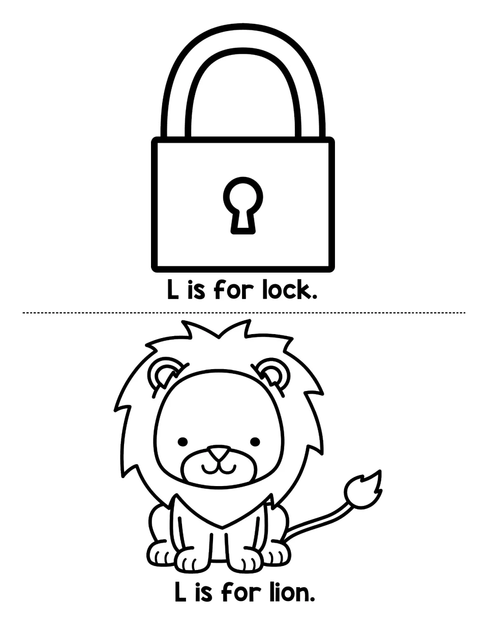 Letter L sound pages: students read L is for lock and L is for lion, each under a padlock or lion picture