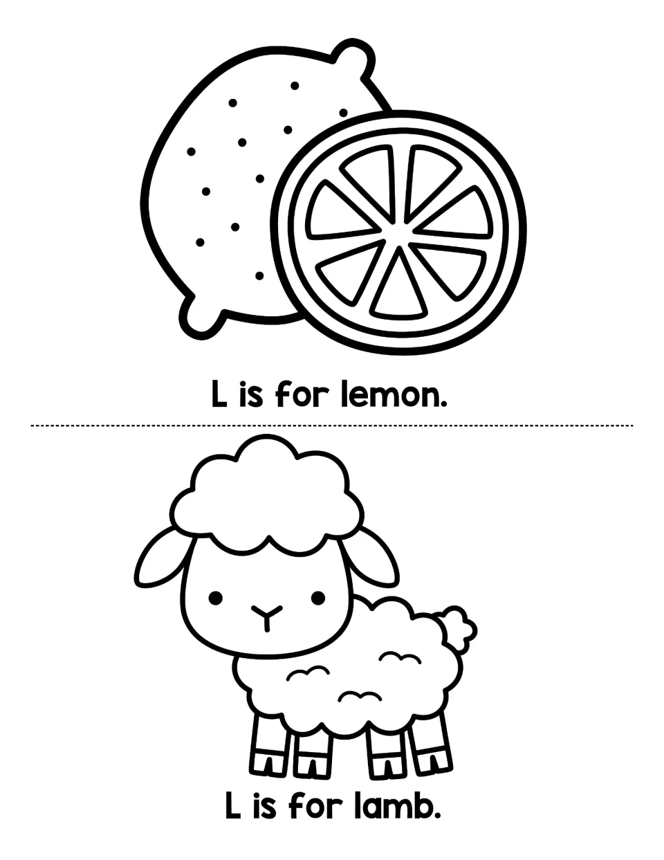 Initial L sound practice: students read L is for lemon and L is for lamb, with lemon and lamb pictures as reading cues