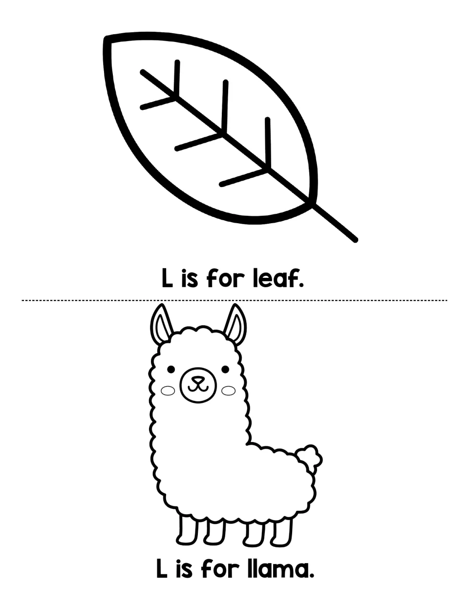 Last two book pages: students read L is for leaf and L is for llama with a leaf and llama picture above each