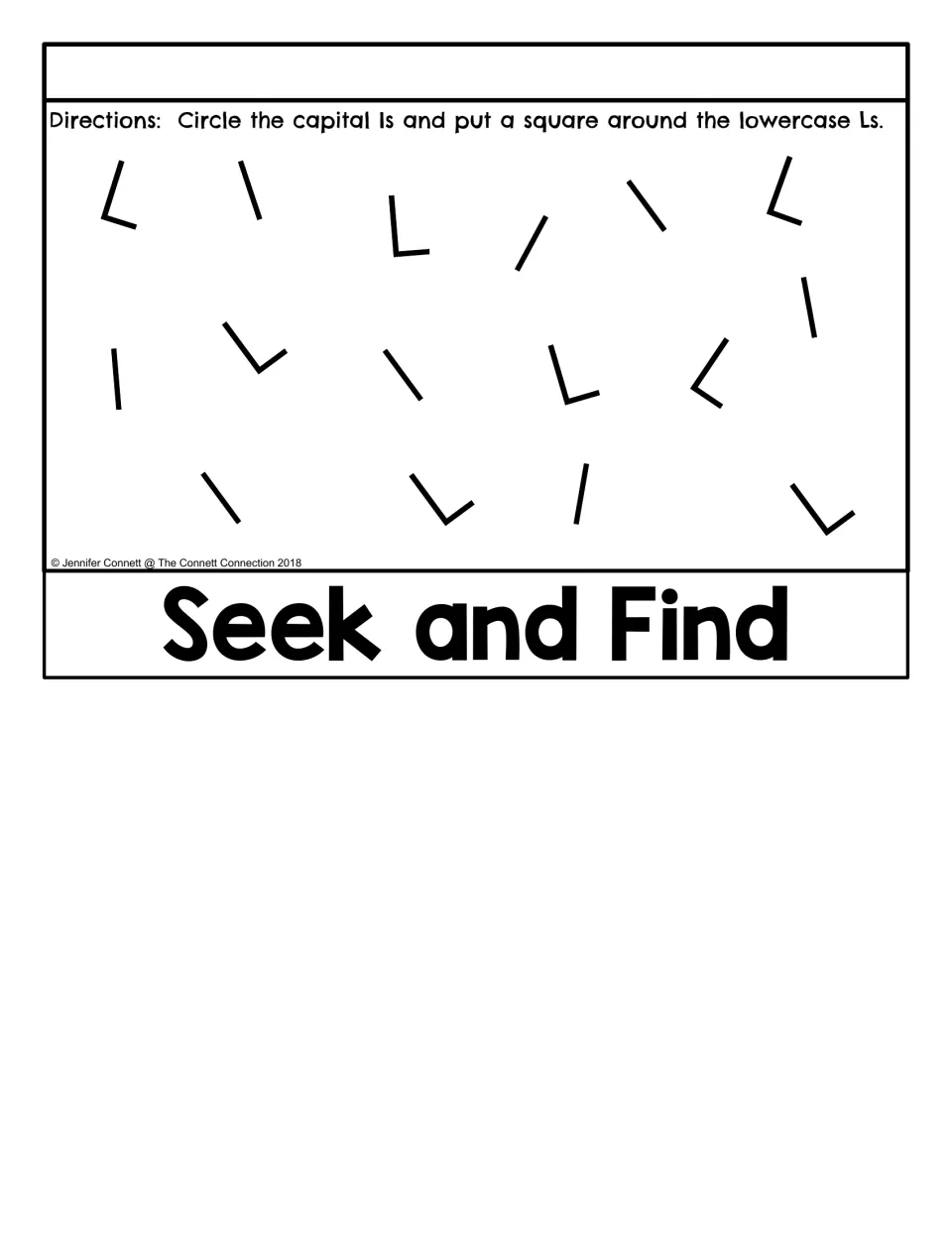 Seek and Find for letter L: students circle each capital L and draw a square around each lowercase l in a scattered mix