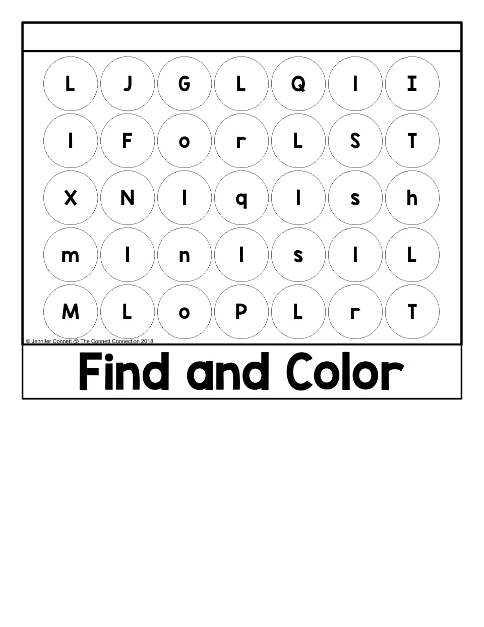 Find and Color: students color every circle holding an L or l among 35 mixed letters such as I, J, T, q and s