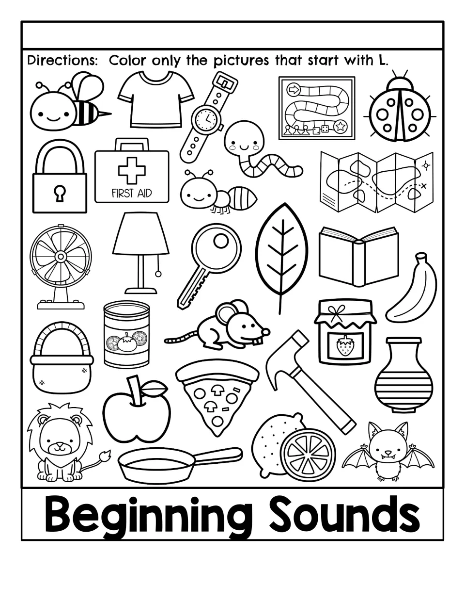 Beginning Sounds: students color only L pictures, like lock, lamp, leaf, lion, ladybug and lemon, among bee, key and fan