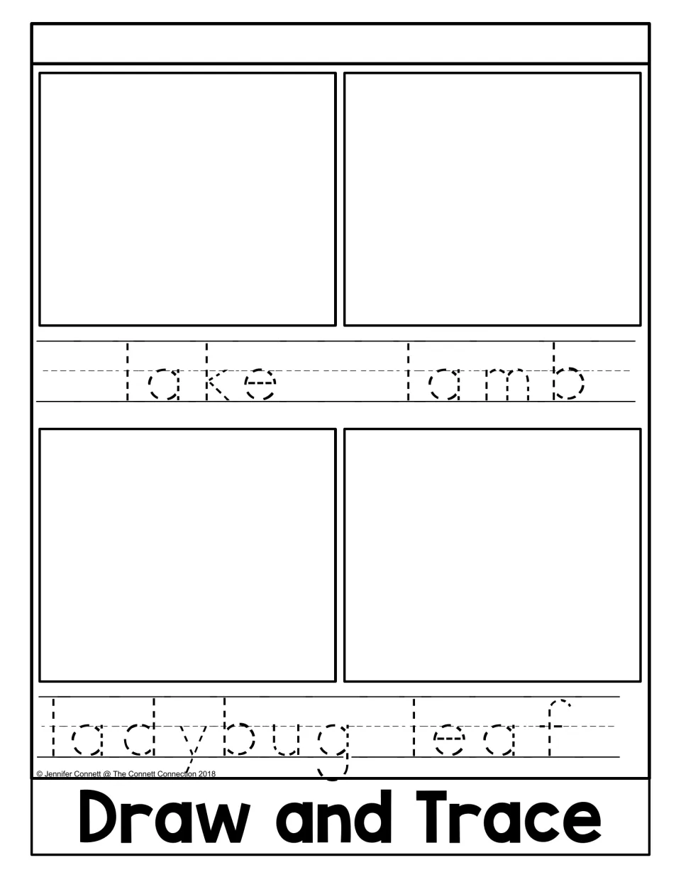 Draw and Trace: students draw a lake, lamb, ladybug and leaf, then trace each dotted word below its drawing