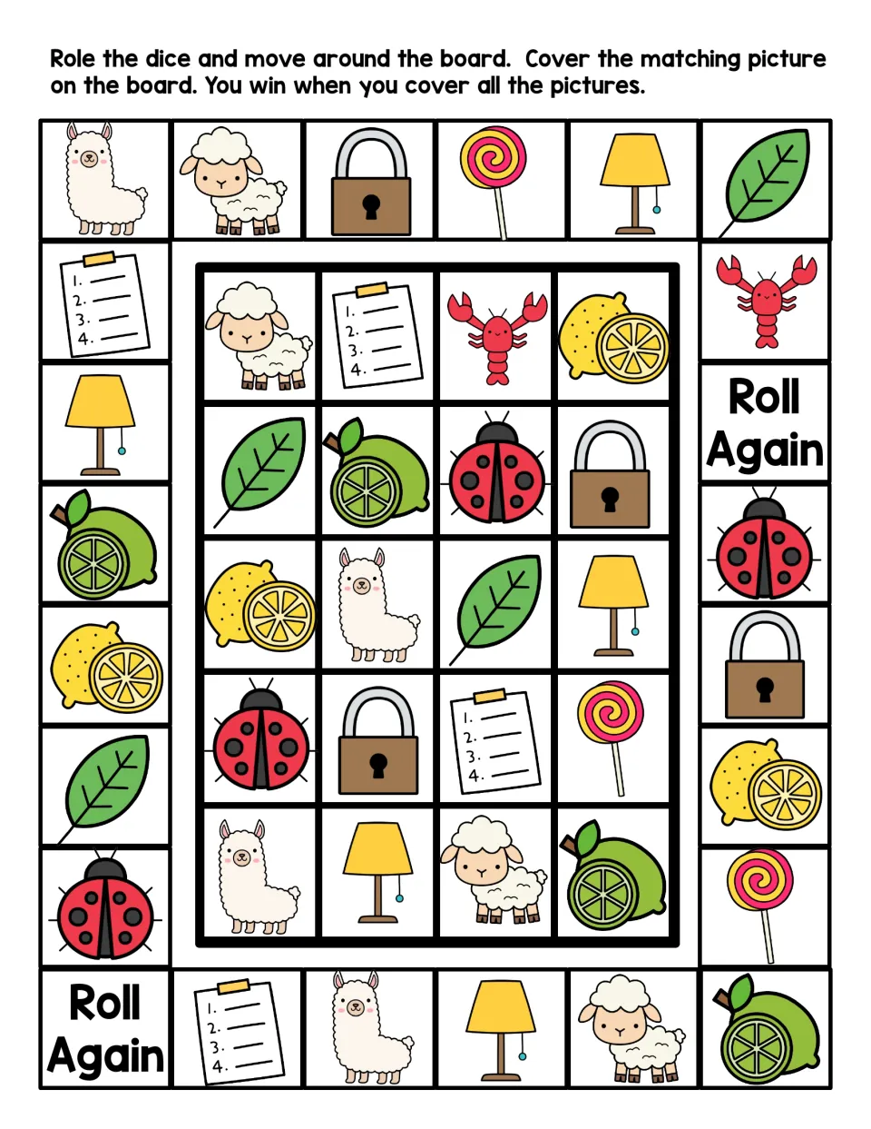 Letter L picture board game in color: roll the dice, move around and cover matching lamp, lemon, llama, lobster pictures
