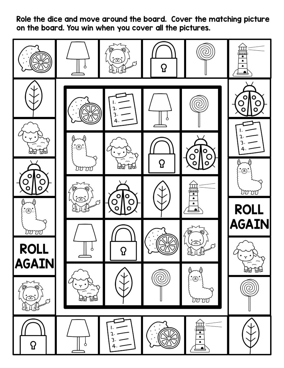 Black-and-white letter L board game: roll, move and cover matching pictures such as lion, lighthouse, lollipop and ladybug