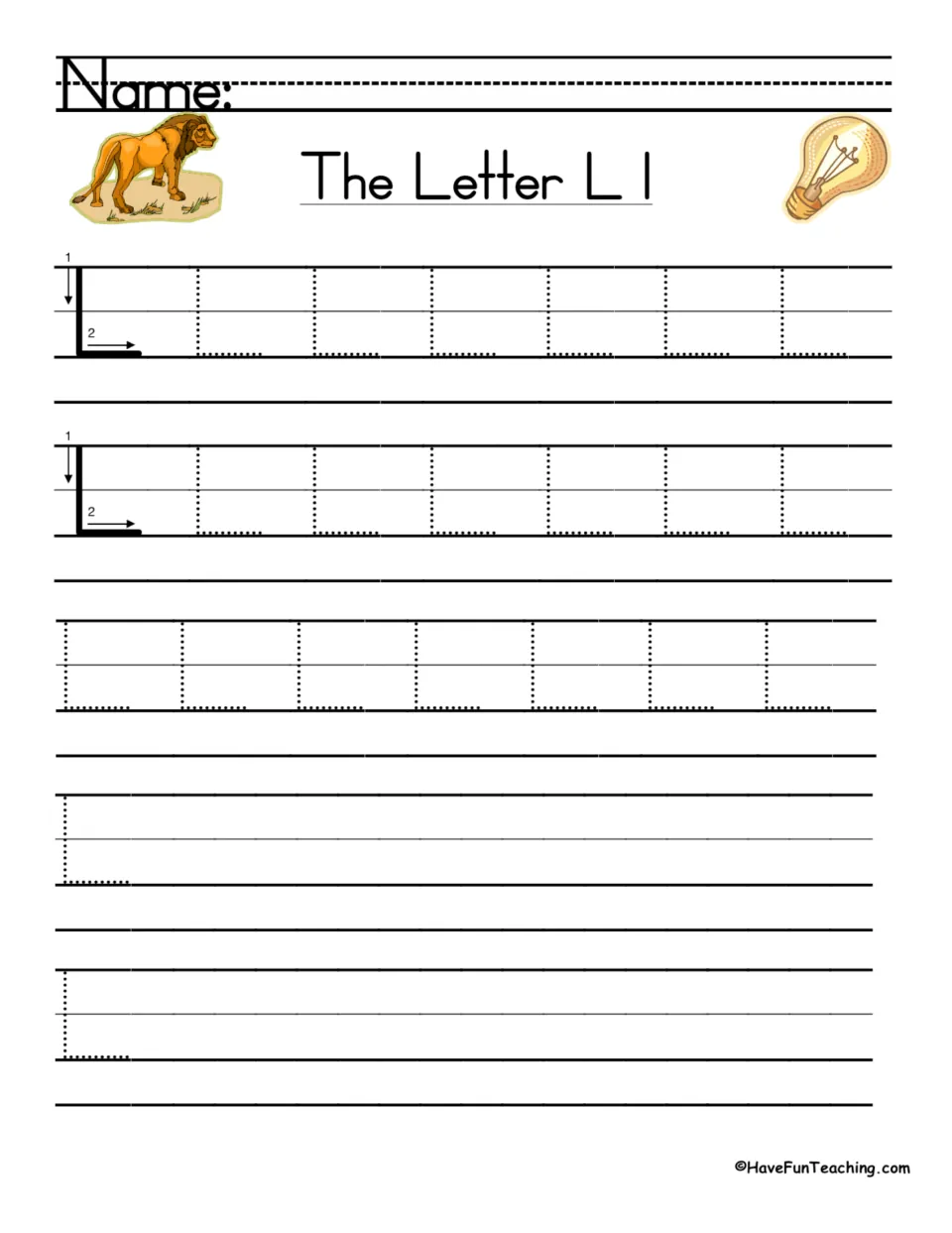 The Letter L l: students follow numbered stroke arrows to trace dotted uppercase L, then write L on their own