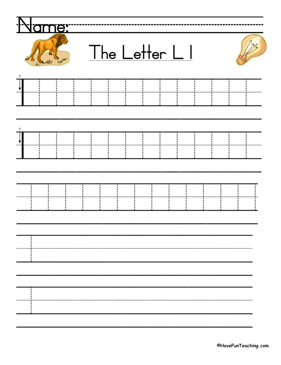 Lowercase l handwriting: students trace rows of dotted l using the top-down stroke arrow, then write l freehand