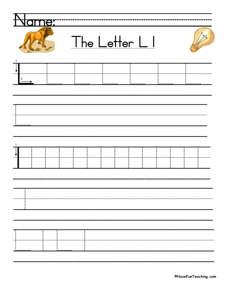 Mixed L and l tracing: students trace uppercase L and lowercase l in separate rows, then trace the pattern L l L l