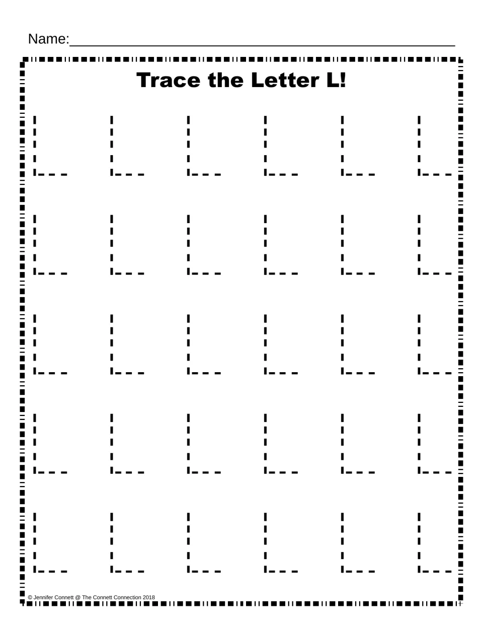 Trace the Letter L: students trace 30 dotted capital L letters to practise forming uppercase L with a name space at top