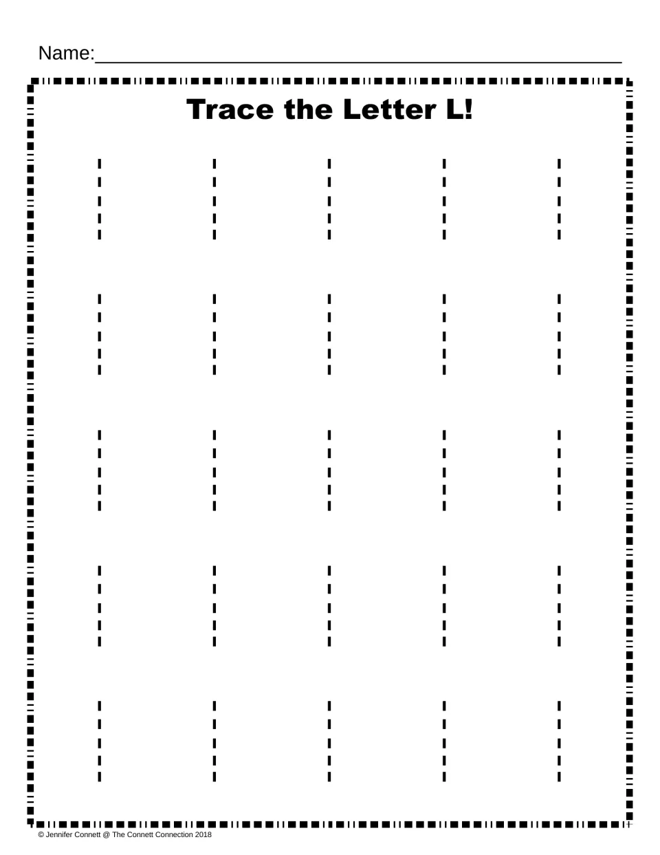 Trace the Letter L: students trace 25 dotted lowercase l strokes, practising the single top-to-bottom stroke of small l