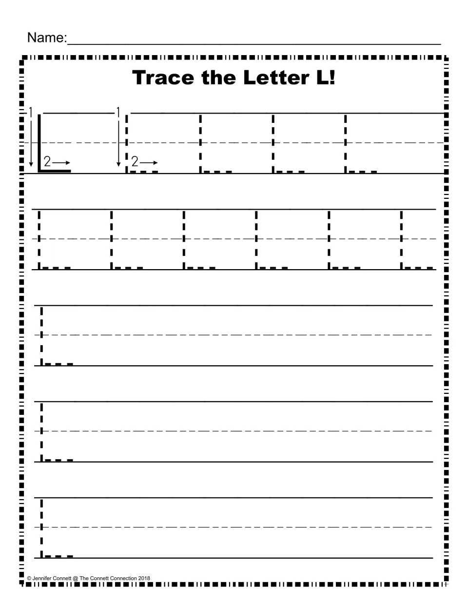 Uppercase L handwriting: numbered arrows show strokes 1 and 2, students trace dotted L's then write their own on each row