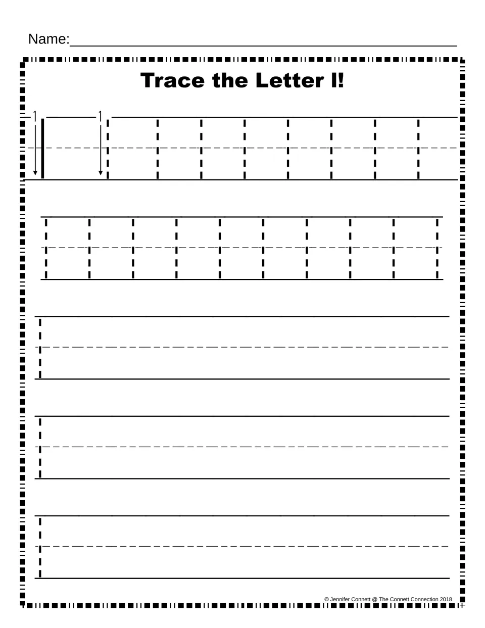 Lowercase l handwriting: an arrow shows the one downward stroke, students trace dotted l's then write l on their own rows