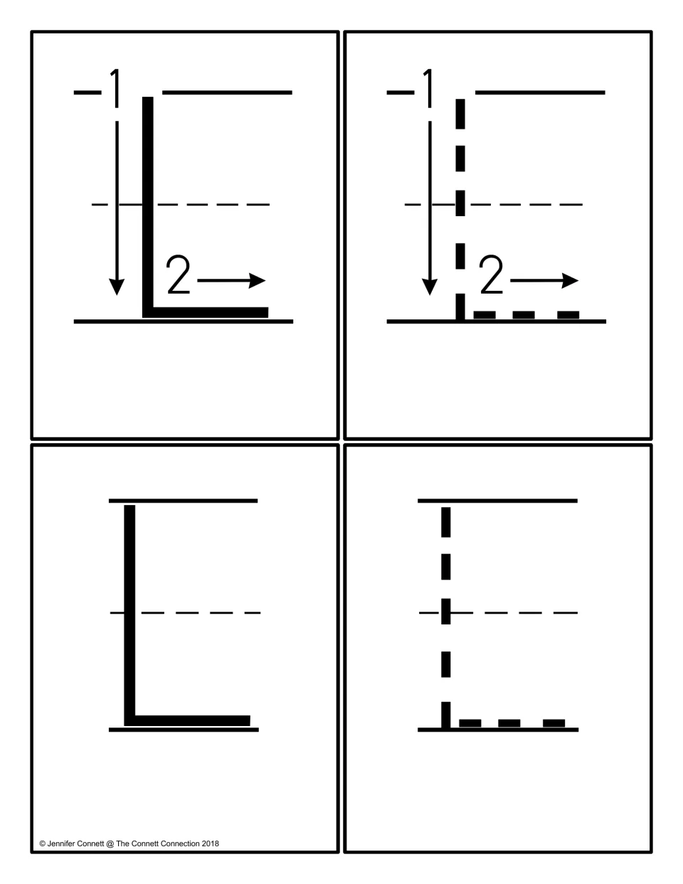 Capital L tracing cards: two solid and two dotted L models, one pair with numbered stroke-order arrows to follow