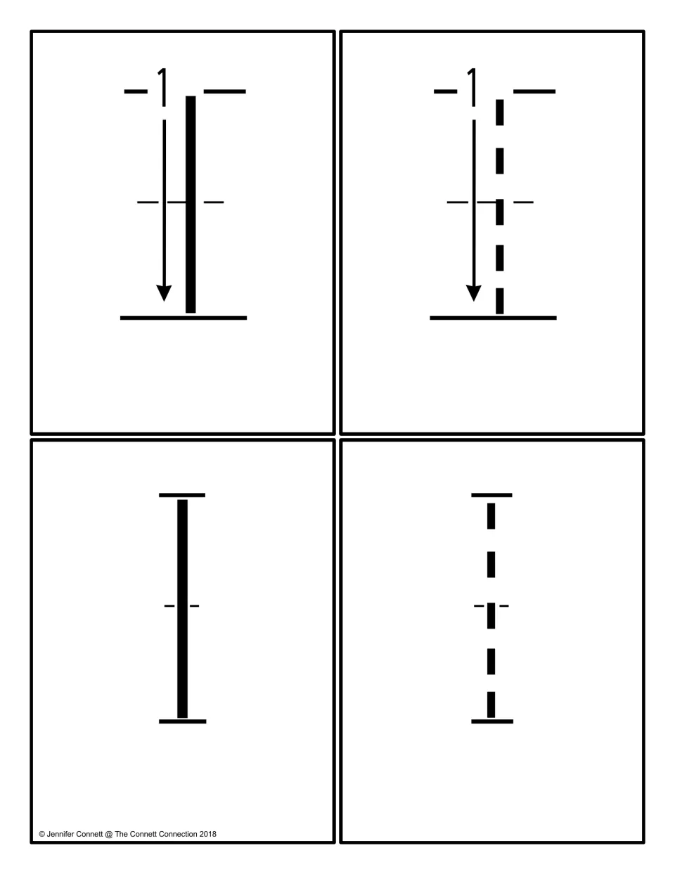 Lowercase l tracing cards: solid and dotted l models, two marked with a downward stroke-1 arrow showing where to start