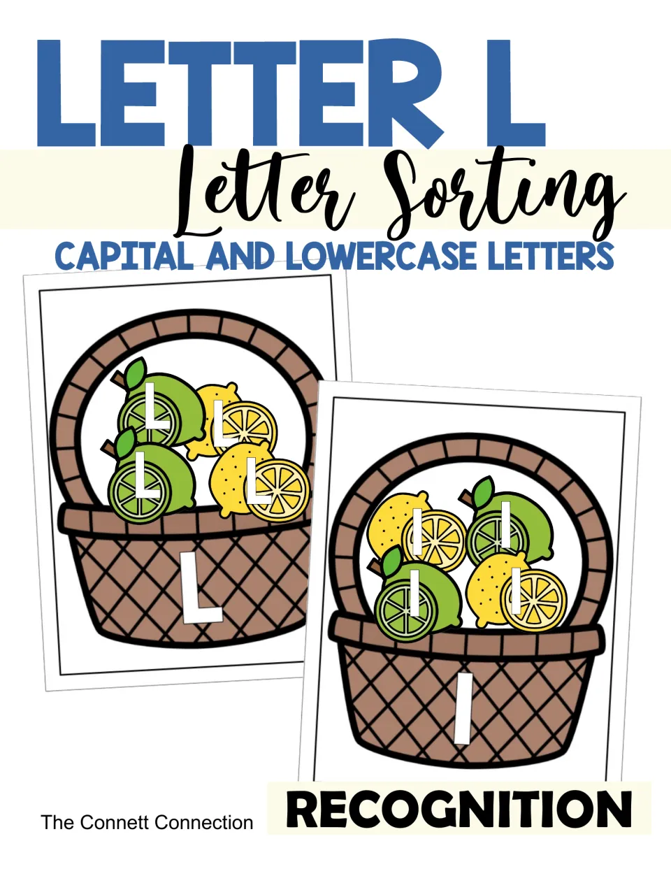 Letter L sorting cover: lemon and lime pieces sorted into two baskets, one for capital L and one for lowercase l
