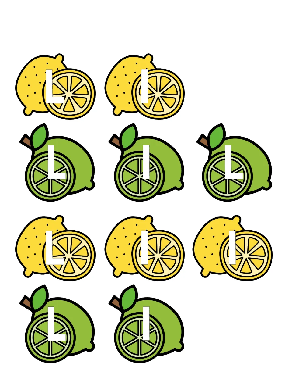 Capital and lowercase L fruit cards: 10 lemon and lime pictures, each marked L or l, for students to cut out and sort