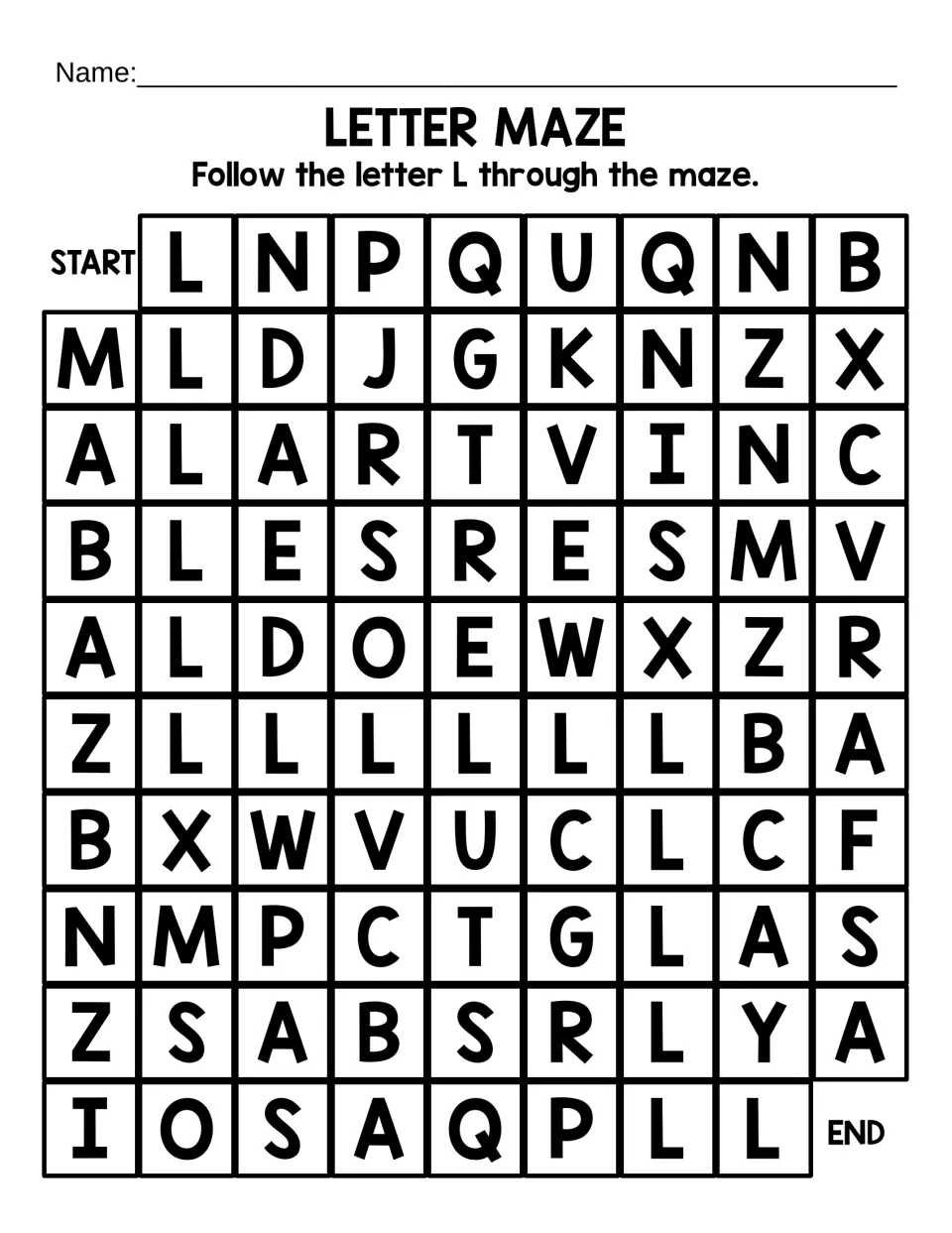 Uppercase letter maze: students trace a path of capital L from START to END through a large field of mixed letters
