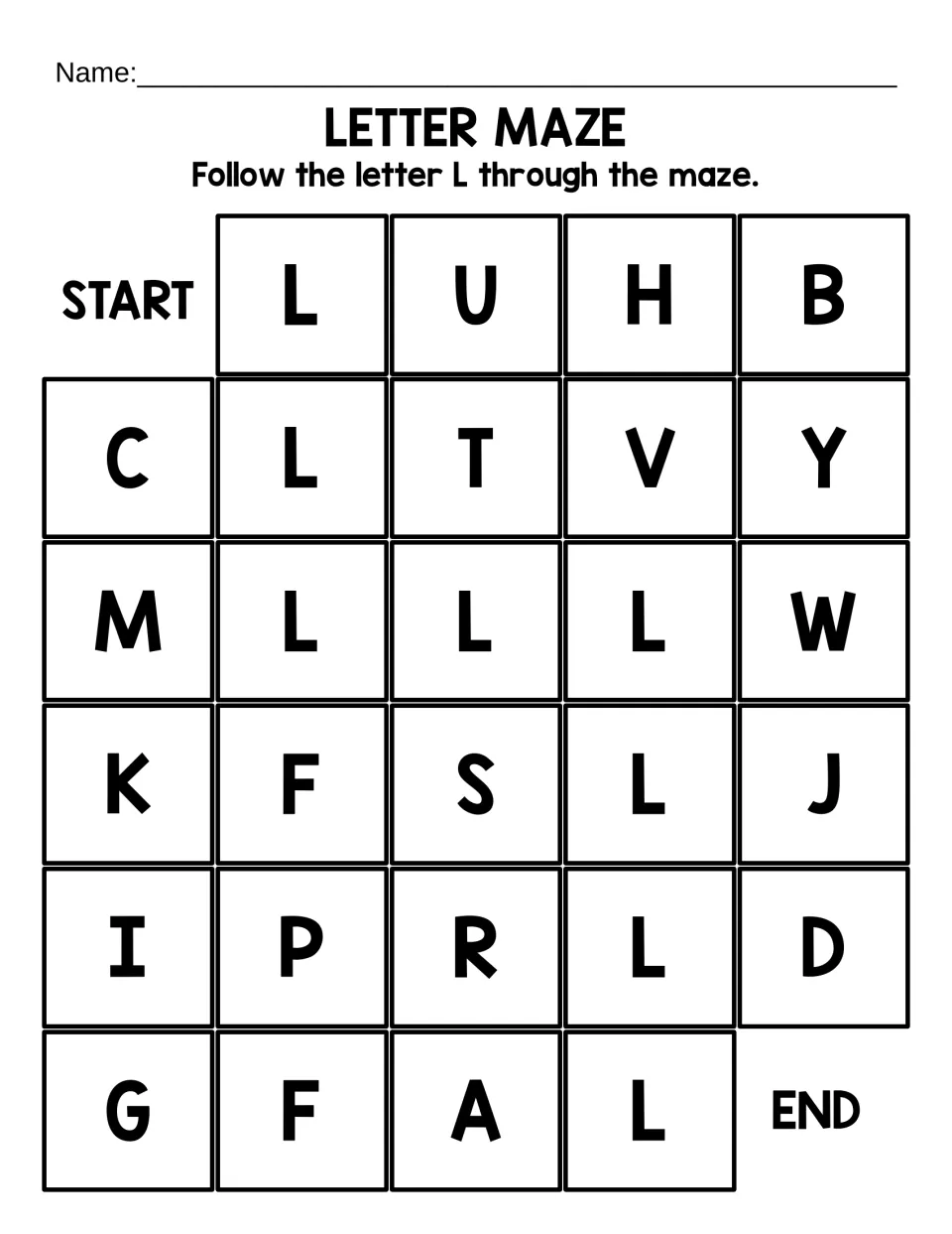 Uppercase letter maze with large print: students follow capital L from START to END past letters such as U, H, T and F