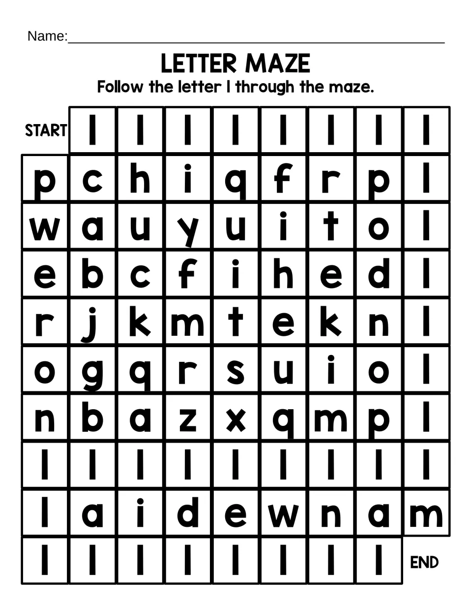 Lowercase letter maze: students follow the letter l from START to END along a winding path through mixed small letters