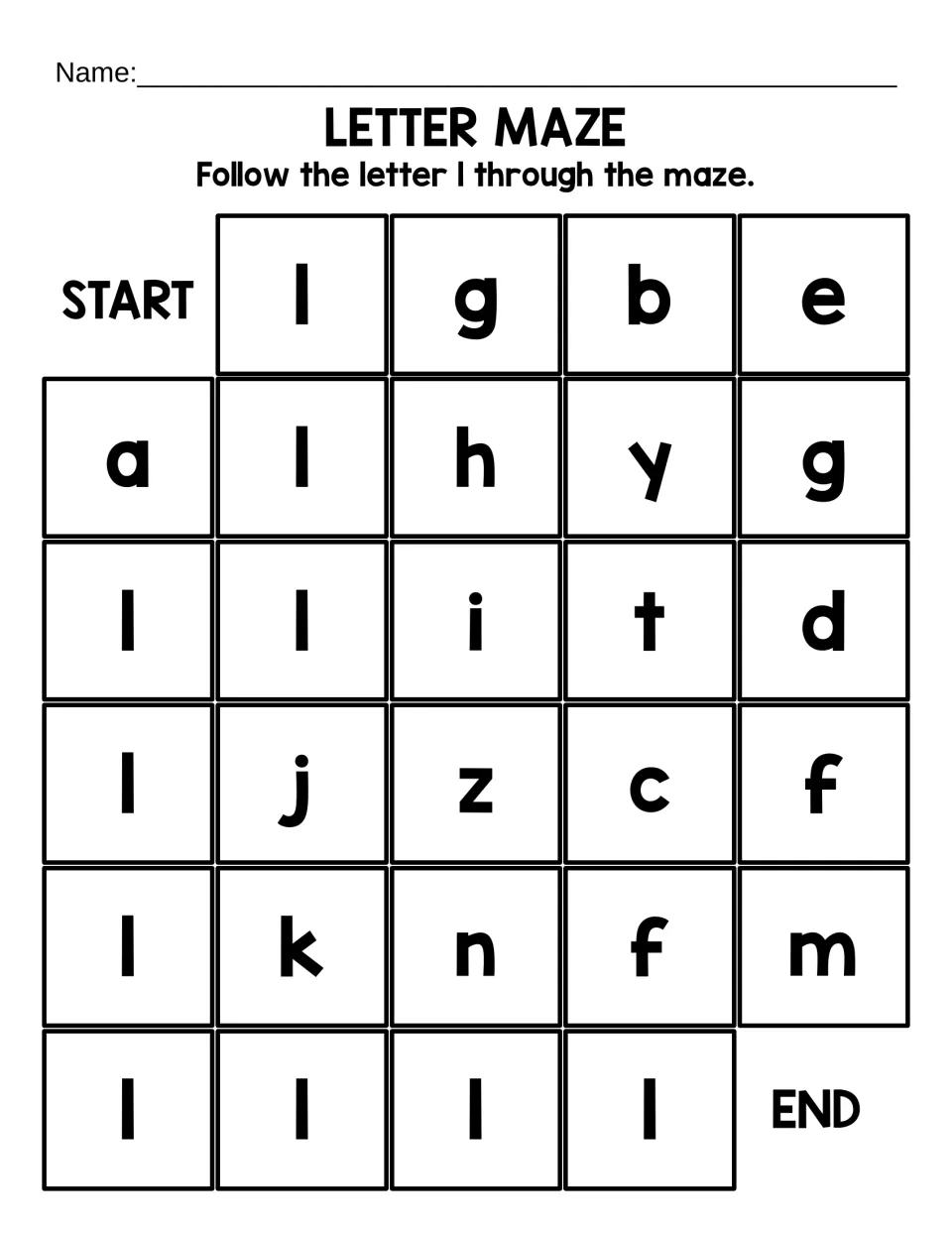 Lowercase letter maze in large print: students trace lowercase l from START to END, among letters like g, h, j and k