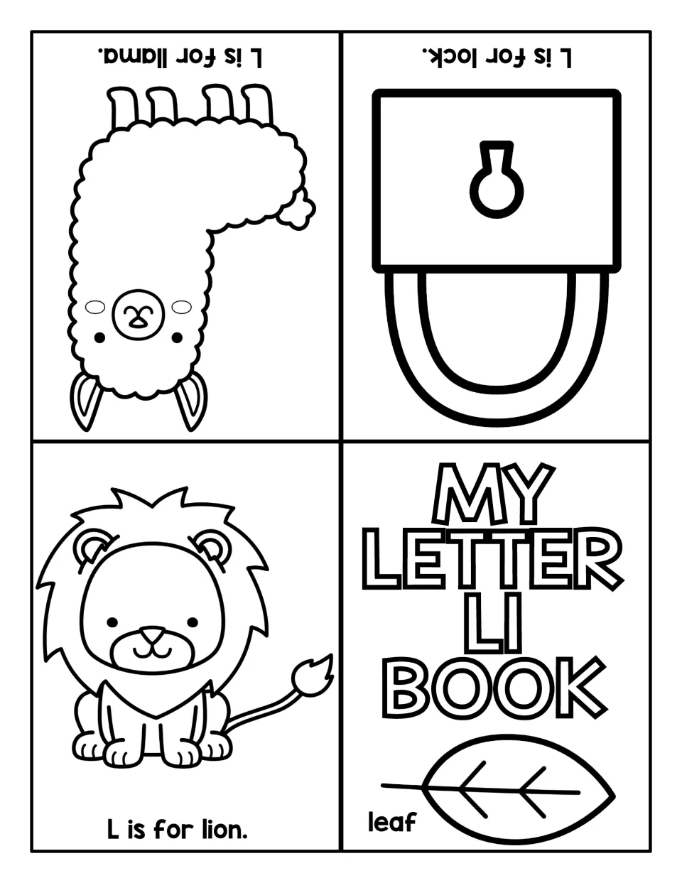 Letter L sounds: a fold-up mini book with a leaf cover and coloring pages reading L is for lion, lock and llama