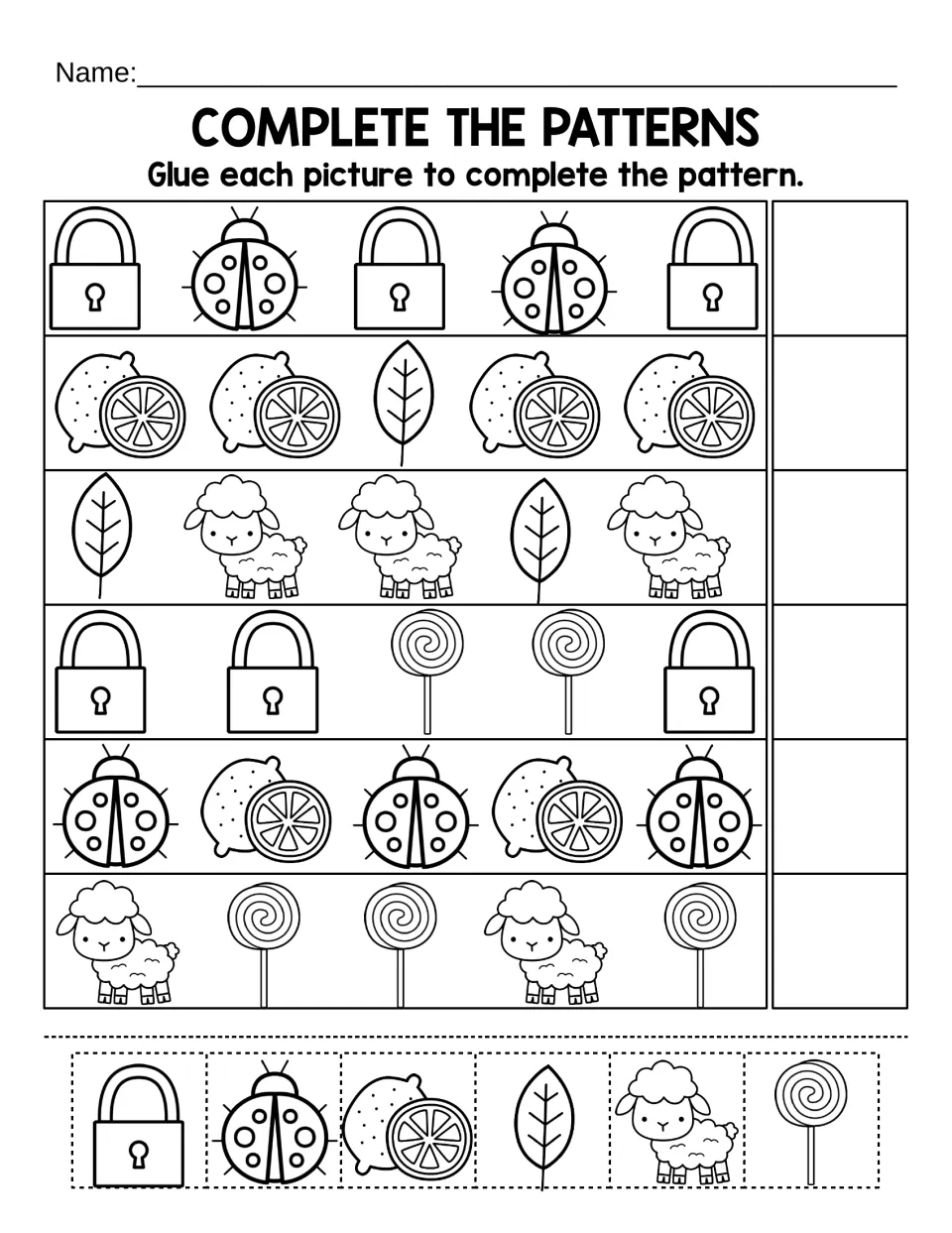 Complete the patterns: students glue cut-out lock, ladybug, lemon, leaf, lamb and lollipop pictures to finish each row