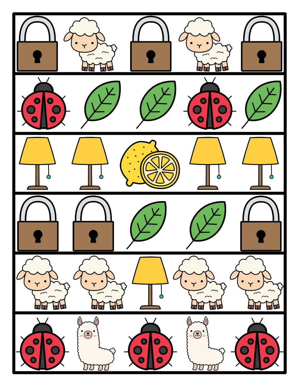 Color pattern strips: six rows of lock, lamb, ladybug, leaf, lamp, lemon and llama pictures in repeating sequences