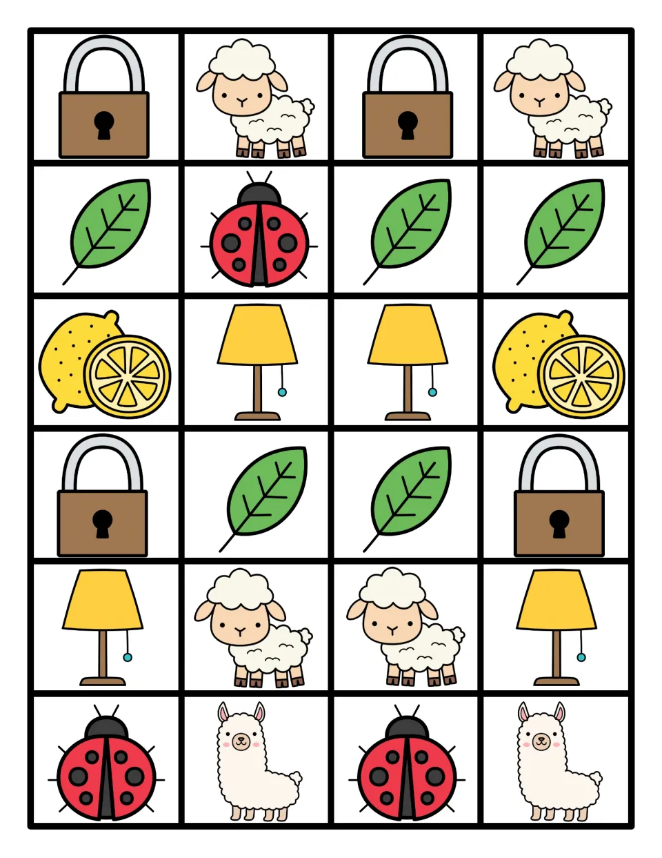 Color L picture cards: 24 cut-out cards of locks, lambs, leaves, ladybugs, lemons, lamps and llamas for building patterns