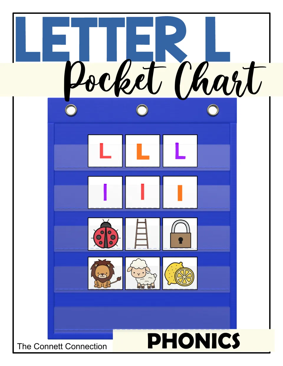 Letter L pocket chart cover: uppercase L, lowercase l and picture cards of a ladybug, ladder, lock, lion, lamb and lemon
