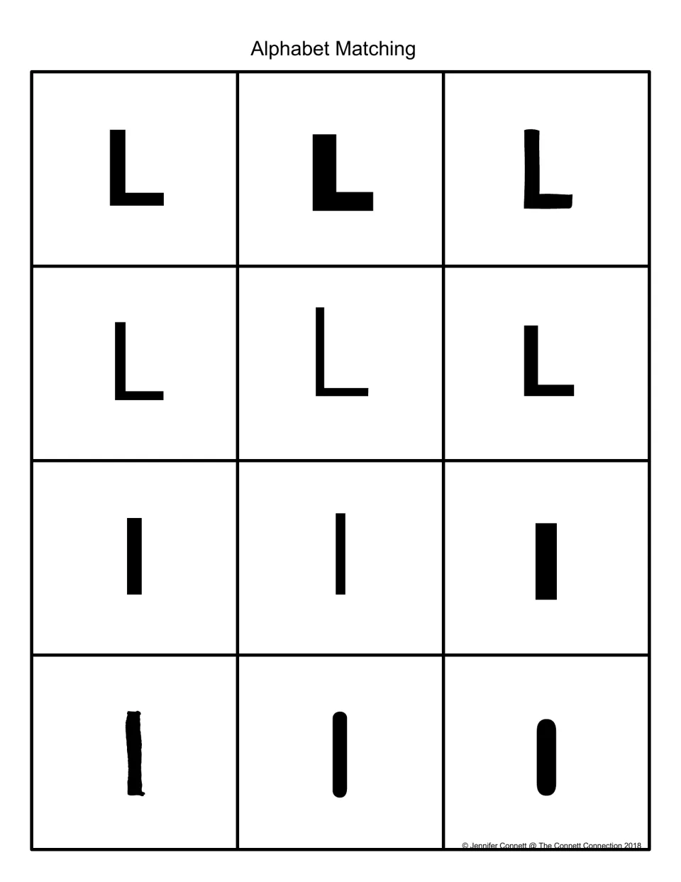 Alphabet matching: black uppercase L and lowercase l cards in six fonts each, for sorting capital and small letter forms