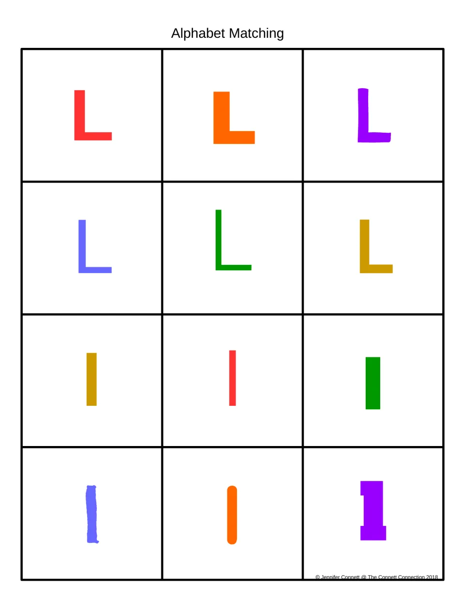 Alphabet matching in color: red, orange, purple, blue, green and gold uppercase L and lowercase l cards to sort by case