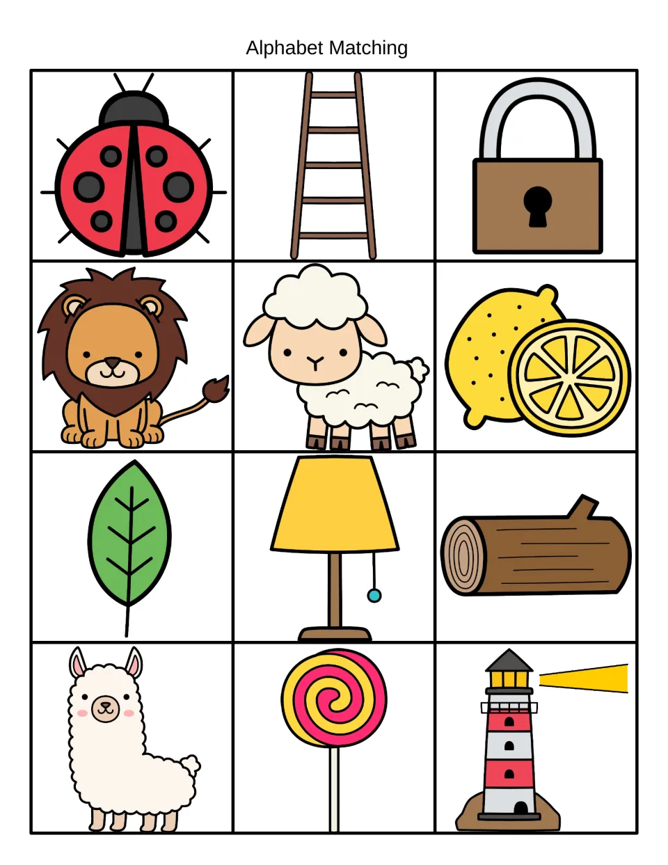 Beginning sound L picture cards: ladybug, ladder, lock, lion, lamb, lemon, leaf, lamp, log, llama, lollipop, lighthouse