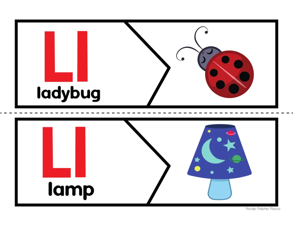 Letter L beginning sounds: two 2-piece puzzles; students cut and match Ll and the word ladybug or lamp to its picture