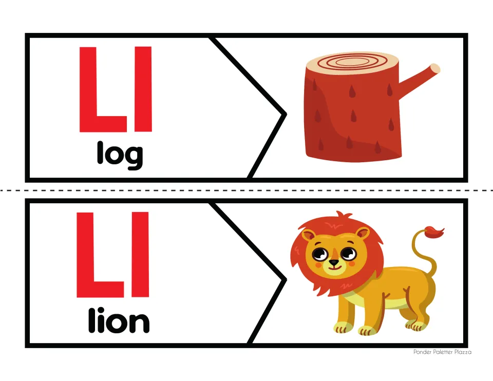 Beginning sound L: students cut out and join two puzzles matching Ll and the words log and lion to their pictures