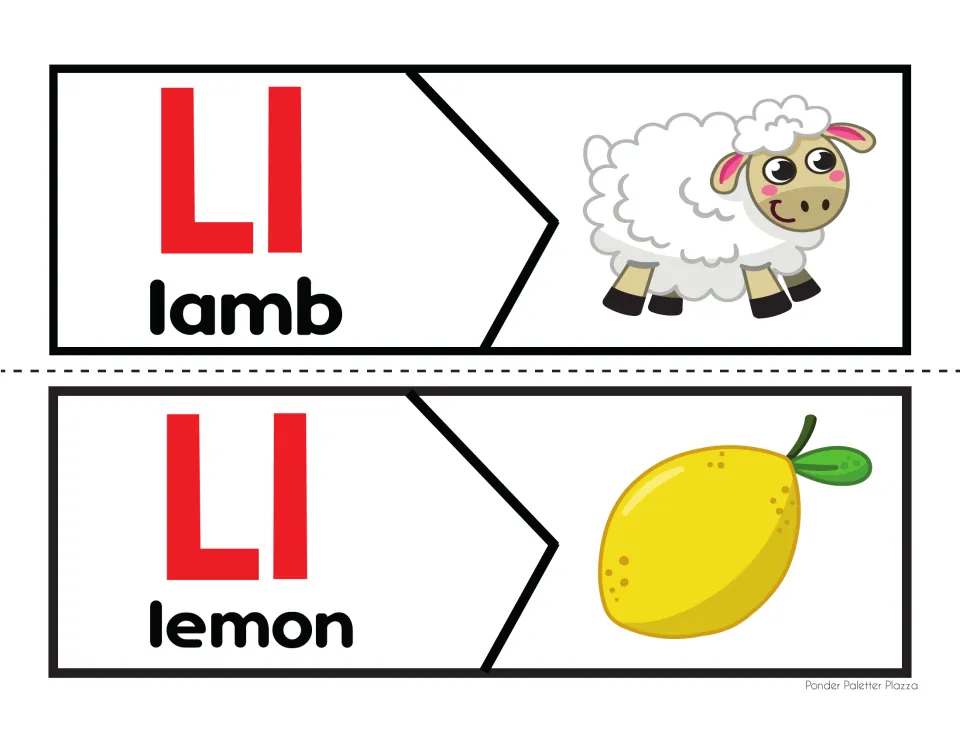 Letter L beginning sounds: two cut-apart puzzles pairing Ll and the words lamb and lemon with a lamb and a lemon picture