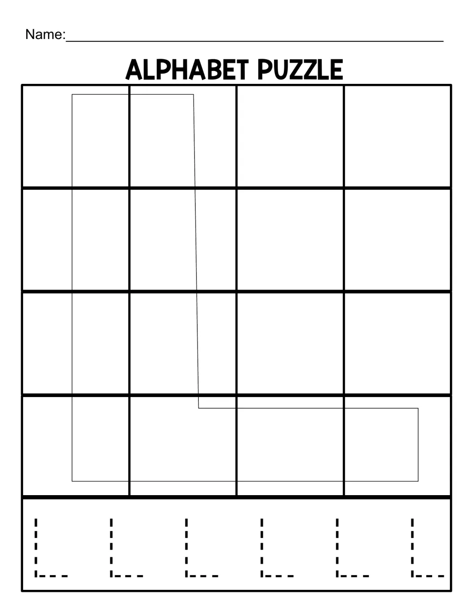 Uppercase L puzzle mat for the 16-piece version, with a large letter guide and six dotted Ls to trace