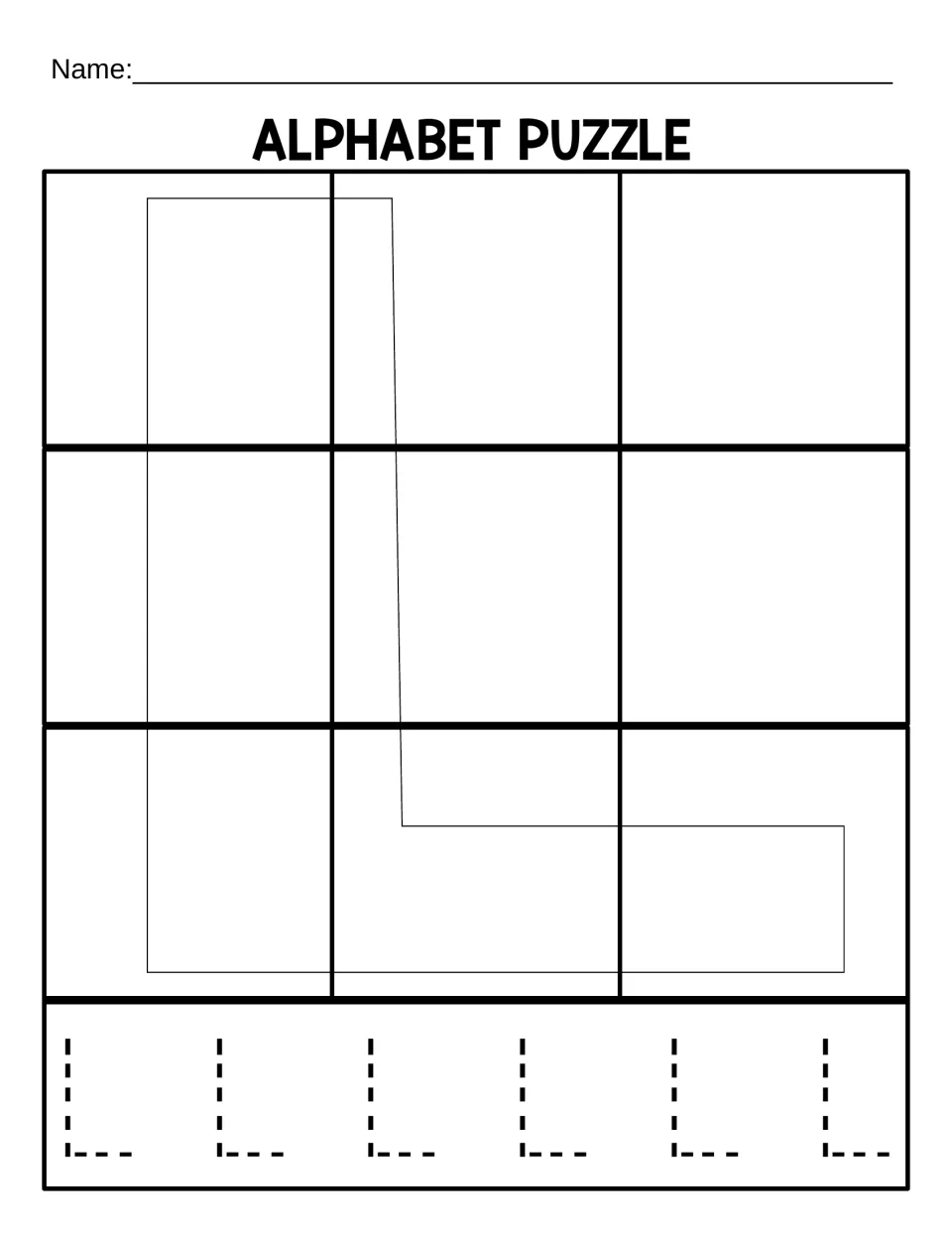 Uppercase L puzzle mat for the 9-piece version, with a large letter guide and six dotted Ls to trace